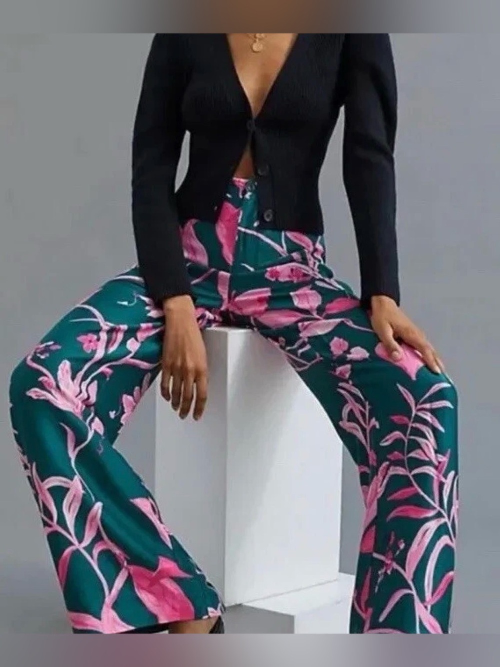 Anthropologie Green Pink Floral Wide Led Satin Pants Size 8